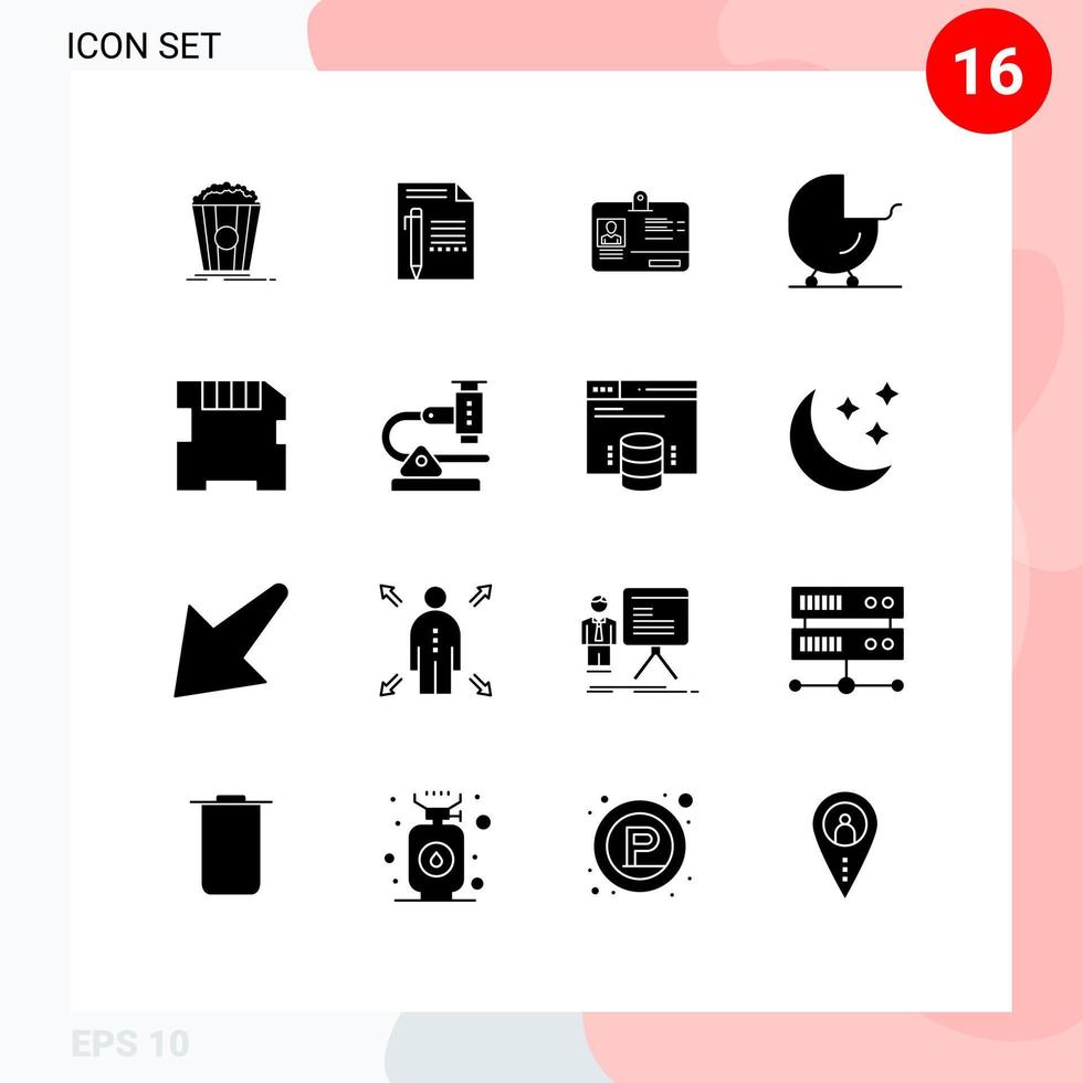 16 User Interface Solid Glyph Pack of modern Signs and Symbols of pram buggy pencil baby identity Editable Vector Design Elements