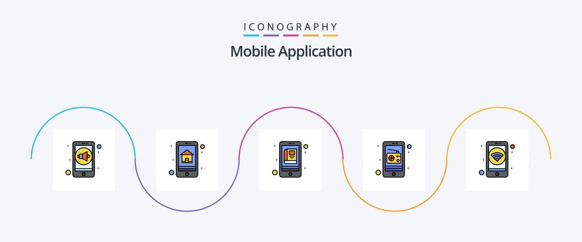 Mobile Application Line Filled Flat 5 Icon Pack Including mobile. app. radio. communication vector