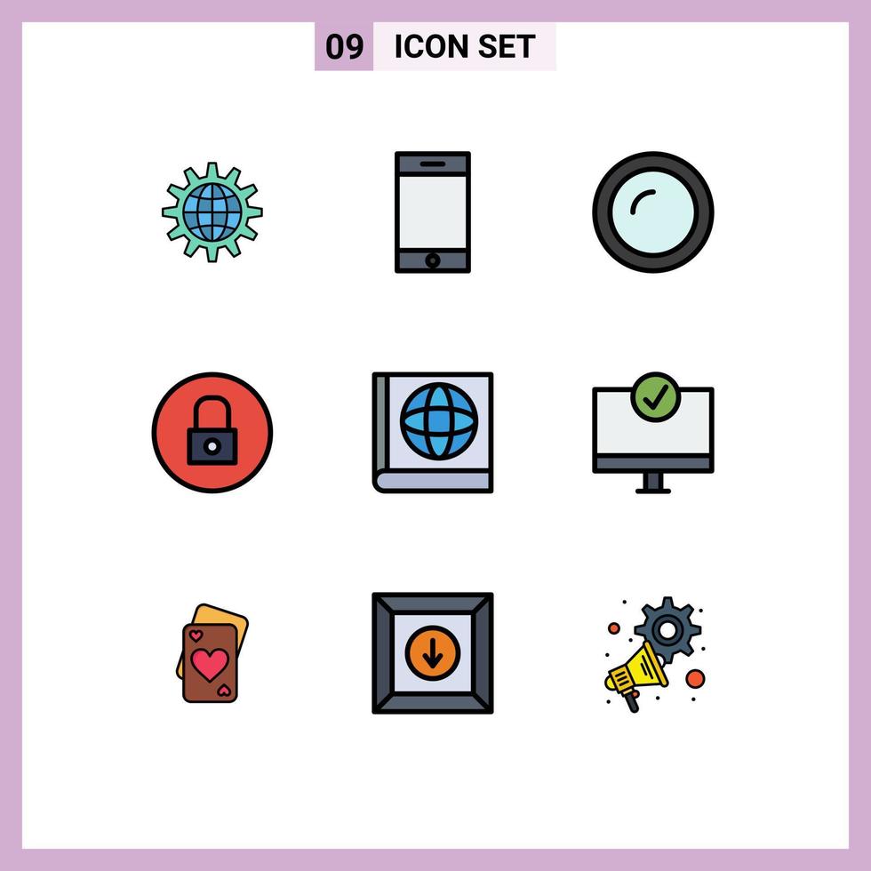 9 User Interface Filledline Flat Color Pack of modern Signs and Symbols of media player lock iphone kitchen dish Editable Vector Design Elements