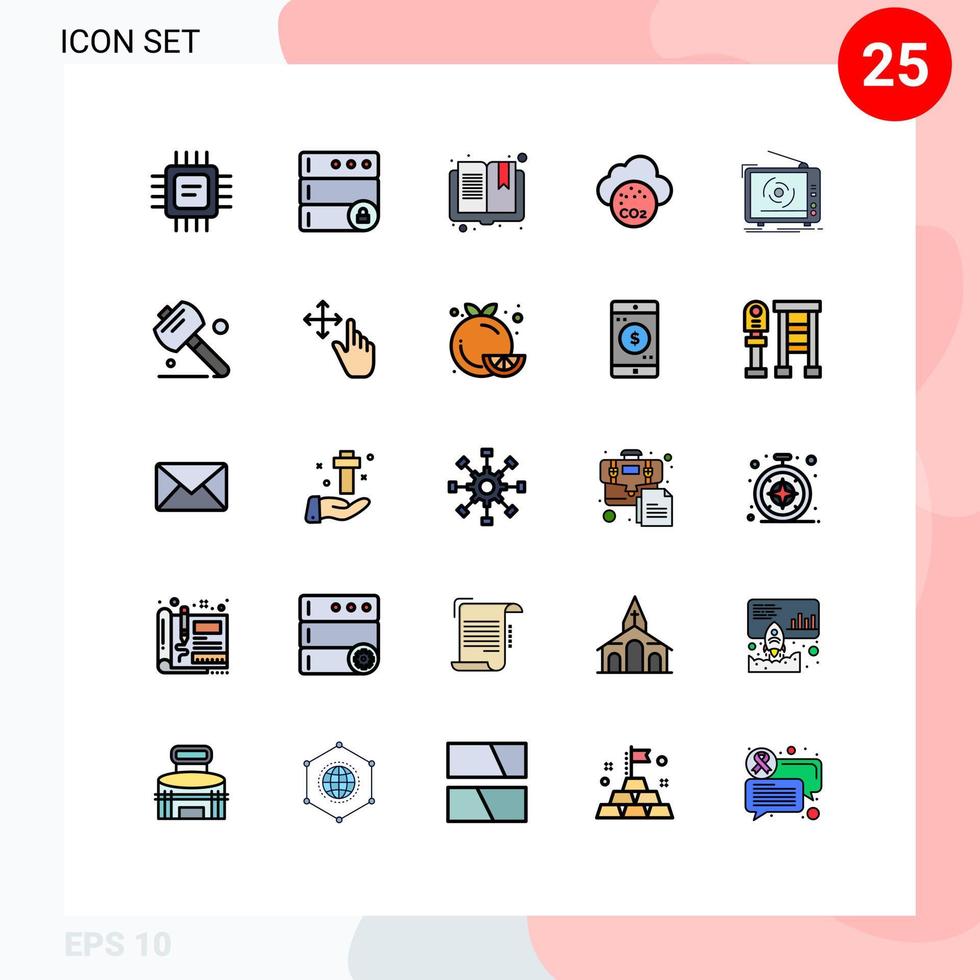 25 Universal Filled line Flat Colors Set for Web and Mobile Applications advertising tv open pollution carbone dioxide Editable Vector Design Elements