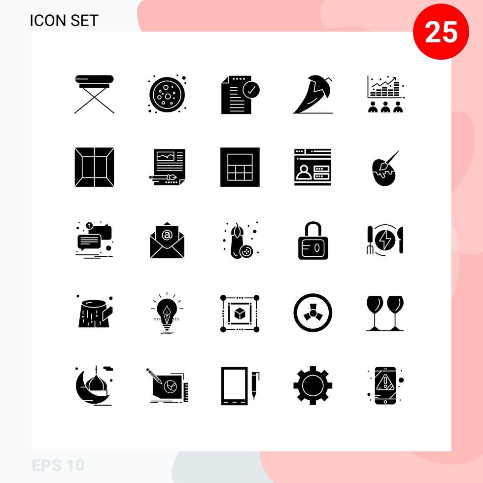 Pack of 25 Modern Solid Glyphs Signs and Symbols for Web Print Media such as broker pepper approved ingredient chili Editable Vector Design Elements