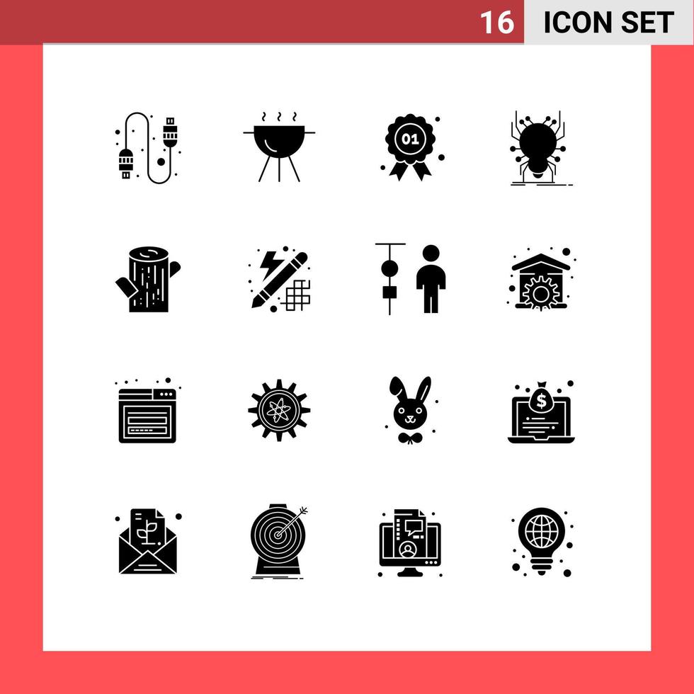 Group of 16 Solid Glyphs Signs and Symbols for wood log quality app spider Editable Vector Design Elements