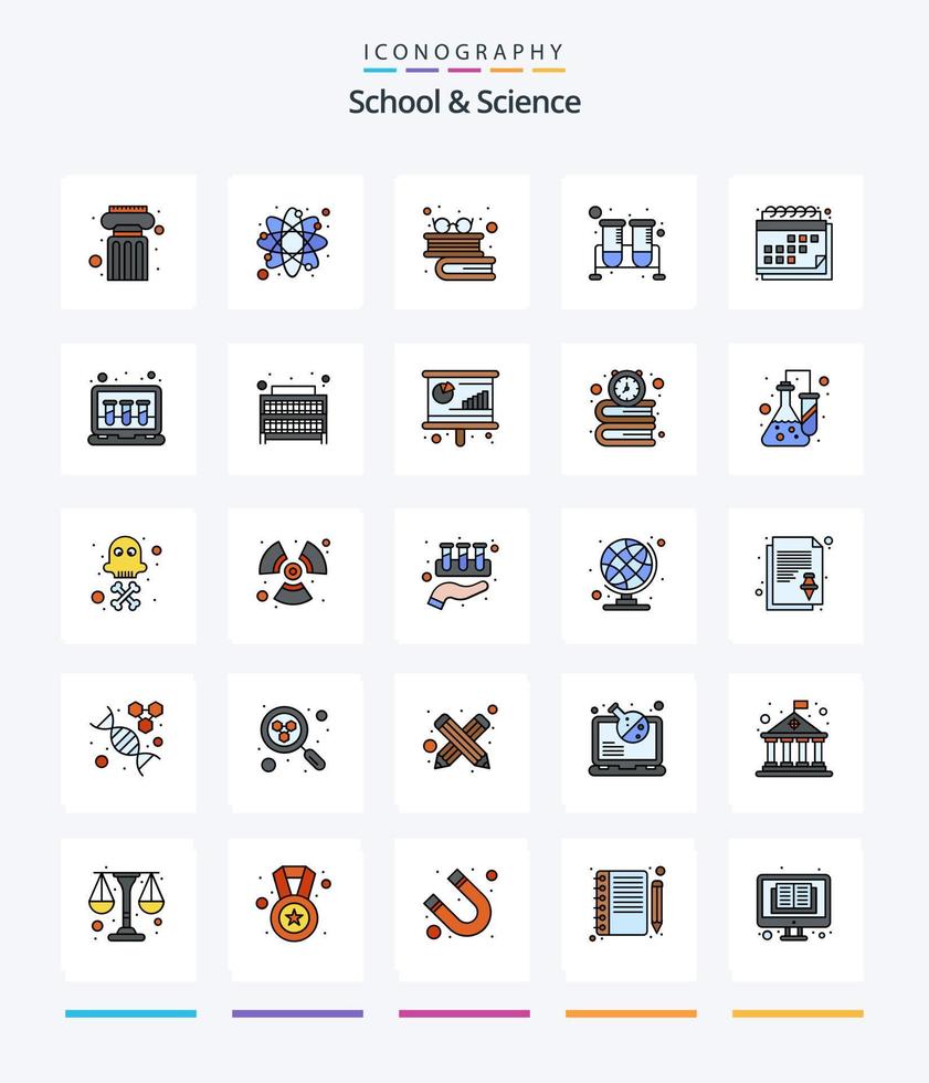 Creative School And Science 25 Line FIlled icon pack  Such As calendar. research. books. test tubes. flask vector