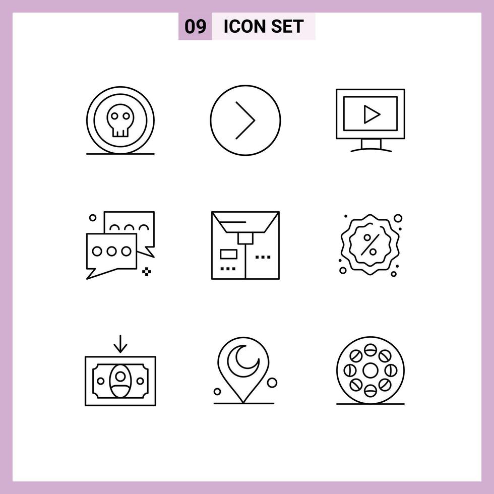 9 Universal Outline Signs Symbols of talk communication multimedia chat play Editable Vector Design Elements