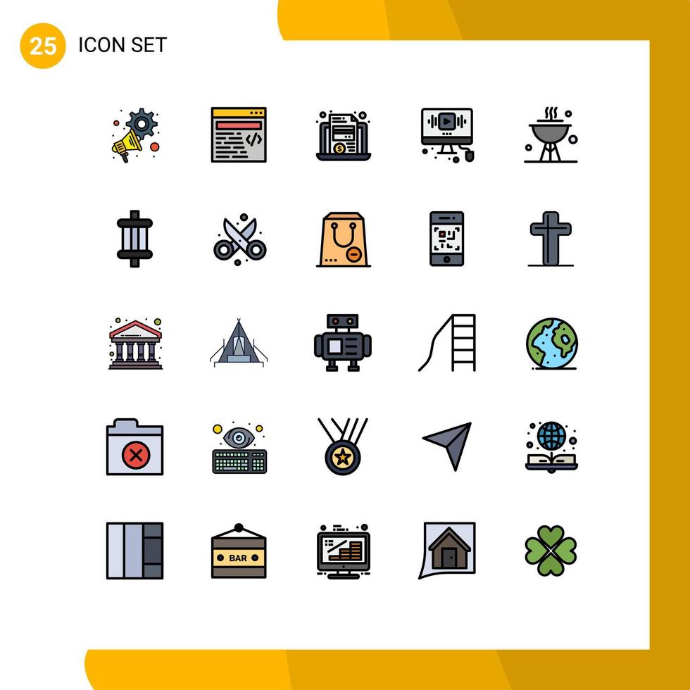 Set of 25 Vector Filled line Flat Colors on Grid for cook internet economy web youtube Editable Vector Design Elements