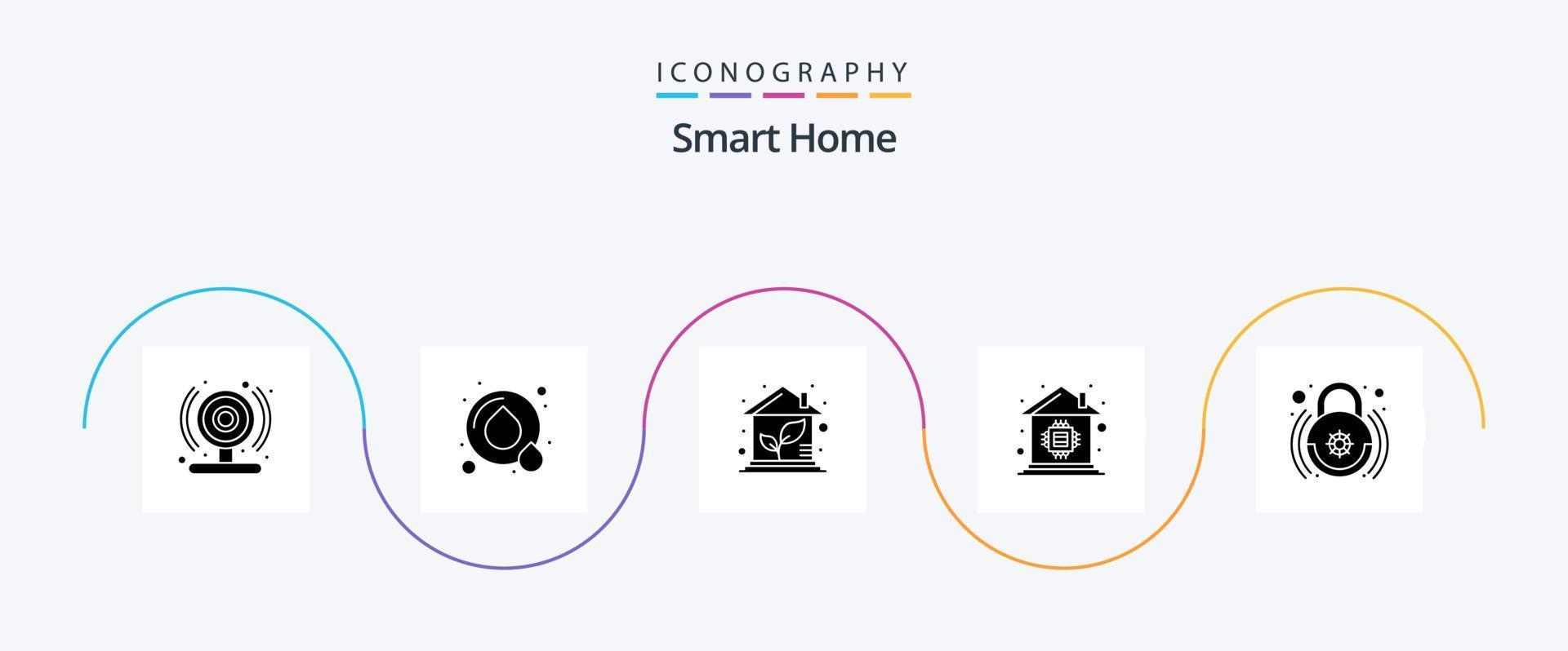 Smart Home Glyph 5 Icon Pack Including lock. control. green. microchip. home automation vector