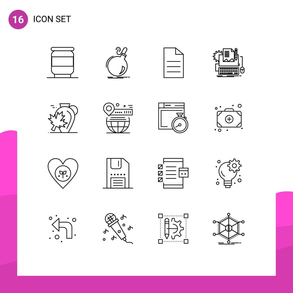 16 símbolos de signos de esquema universales de elementos de diseño de vector editables de escritor de tipo de computadora de archivo de papel de olla