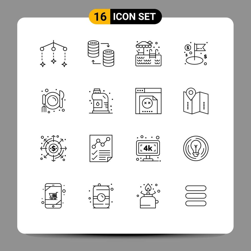 Pictogram Set of 16 Simple Outlines of food cafe water management flag Editable Vector Design Elements