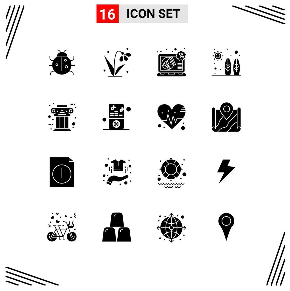 Pack of 16 creative Solid Glyphs of greek surf tulip adrenaline promotion Editable Vector Design Elements