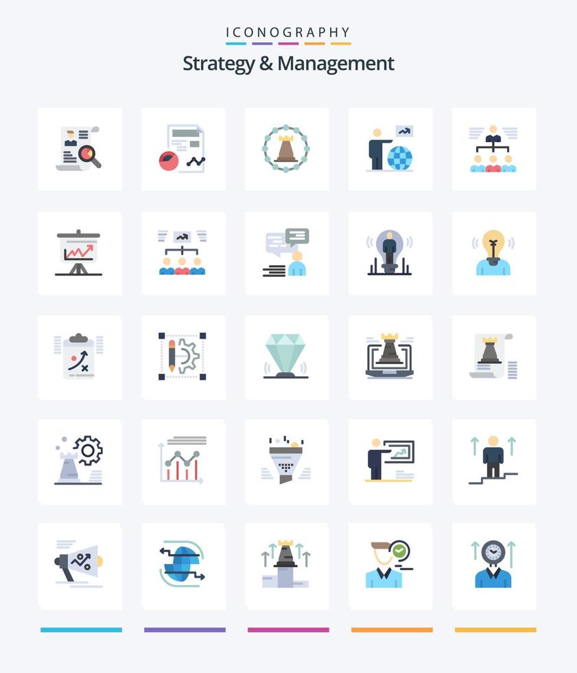 estrategia creativa y gestión 25 paquete de iconos planos como usuario. hombre. analítica. estrategia. torre vector