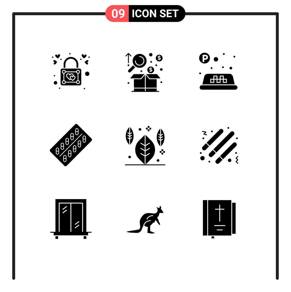 Pack of 9 Modern Solid Glyphs Signs and Symbols for Web Print Media such as autumn tablet product drugs medicine Editable Vector Design Elements