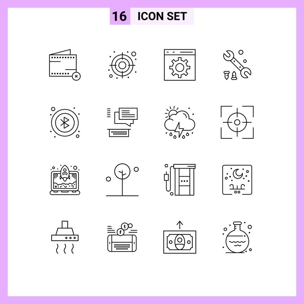 Pack of 16 creative Outlines of user bluetooth coding tool wrench Editable Vector Design Elements