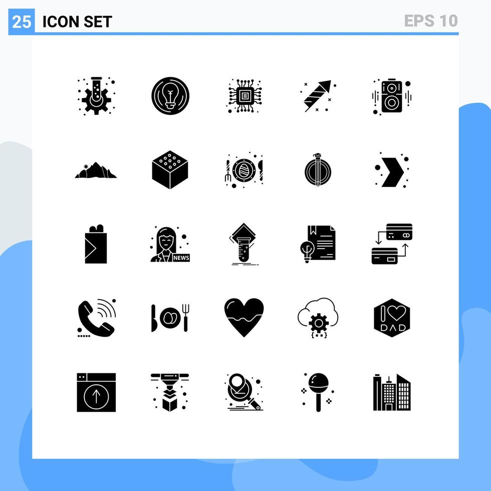 Mobile Interface Solid Glyph Set of 25 Pictograms of loudspeaker day idea easter fire work Editable Vector Design Elements