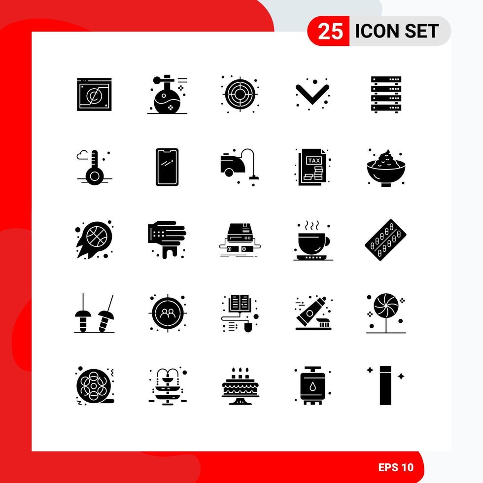 25 User Interface Solid Glyph Pack of modern Signs and Symbols of data storage full spa down target Editable Vector Design Elements