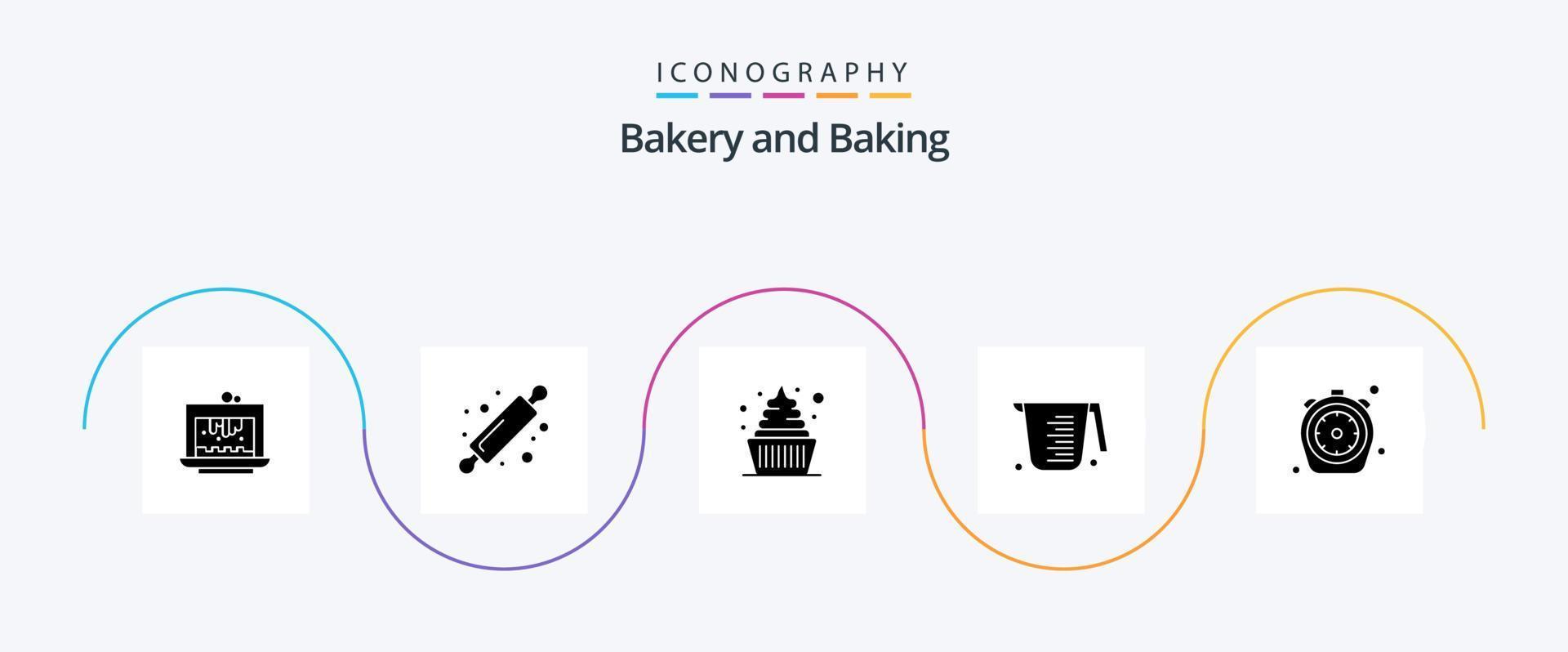 Baking Glyph 5 Icon Pack Including chrono. jug. bread rolling pin. cooking. sweets vector