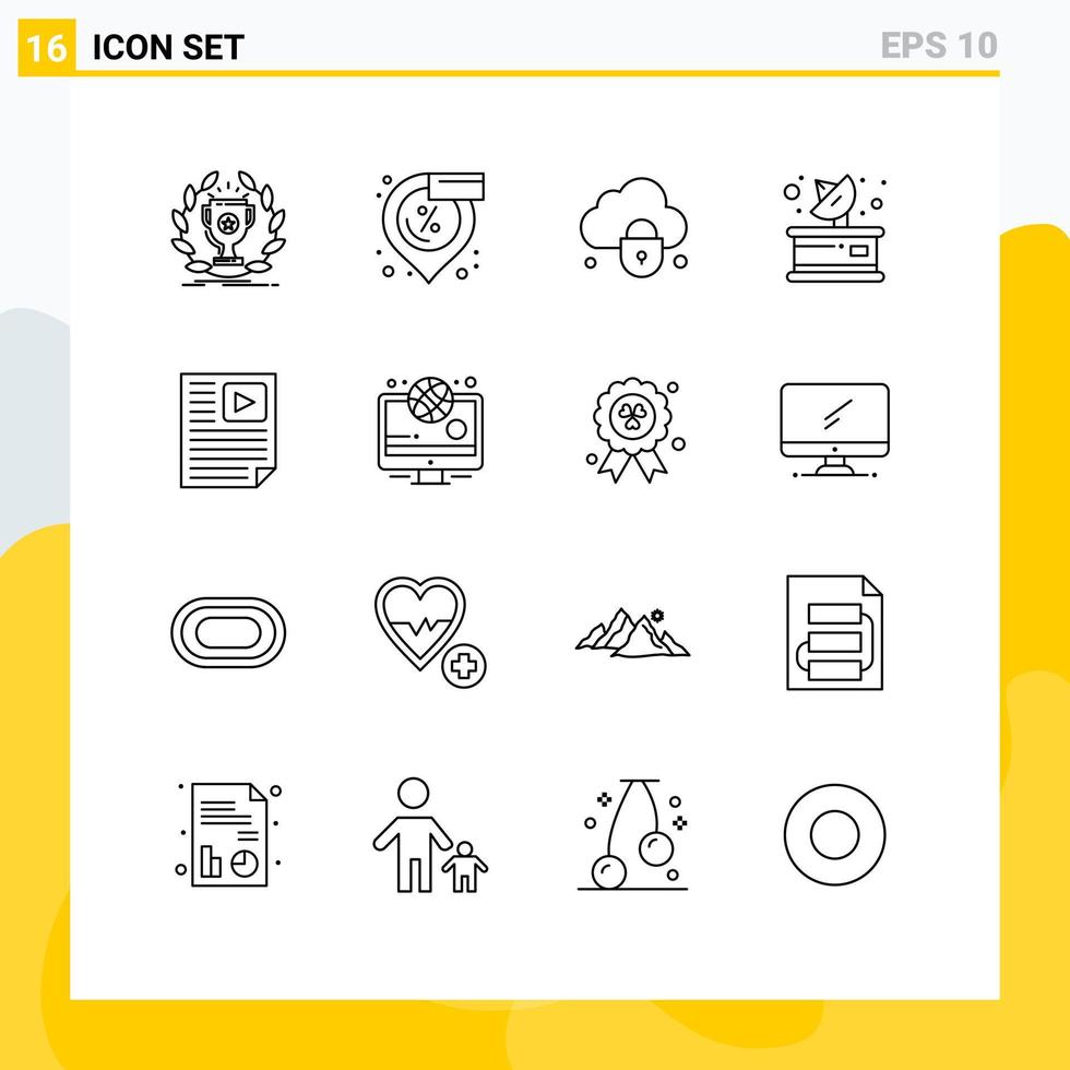 16 Universal Outlines Set for Web and Mobile Applications data parabolic shopping media security Editable Vector Design Elements