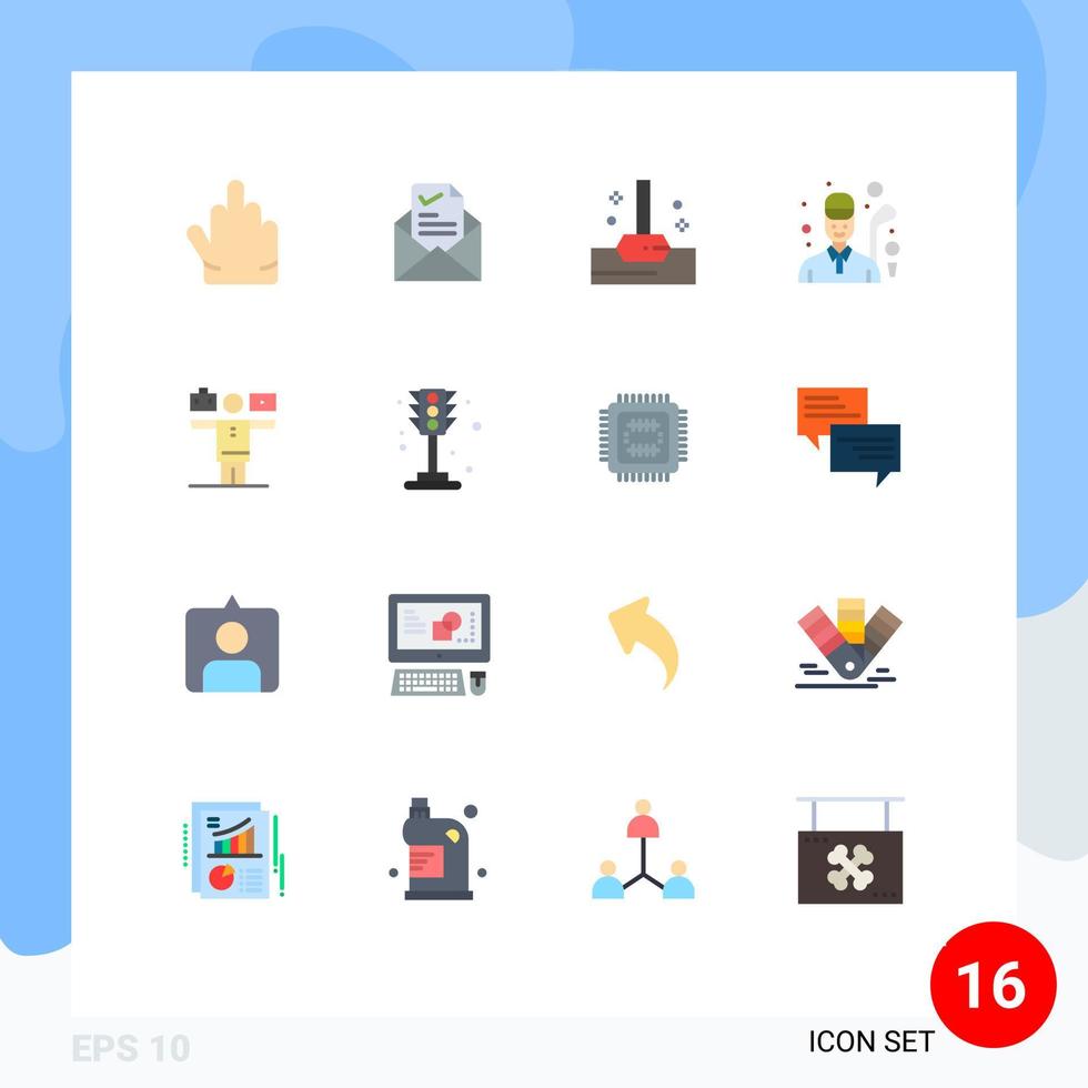 Pack of 16 Modern Flat Colors Signs and Symbols for Web Print Media such as play balance mop game golfer Editable Pack of Creative Vector Design Elements