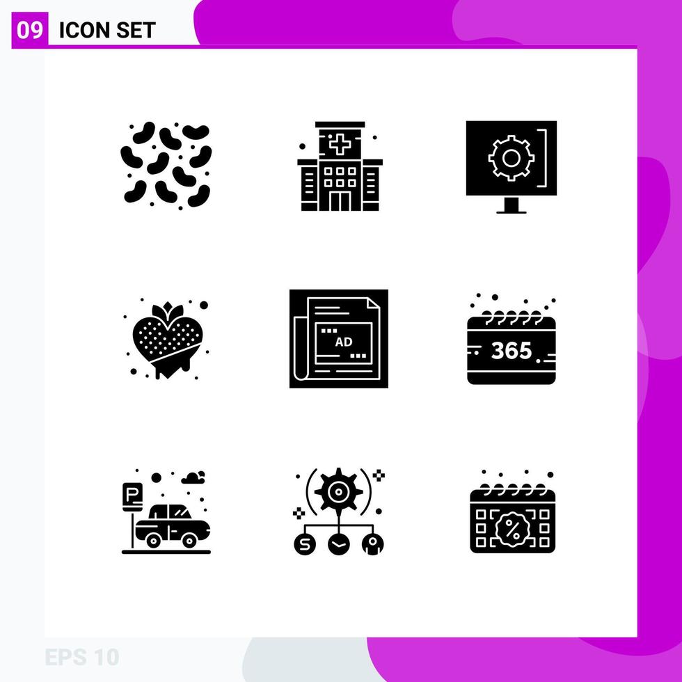 Set of 9 Vector Solid Glyphs on Grid for newspaper vegetarian customer strawberry food Editable Vector Design Elements