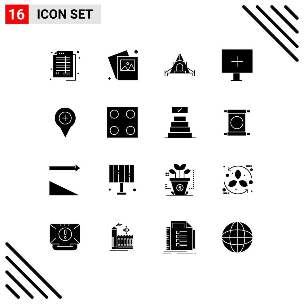 16 User Interface Solid Glyph Pack of modern Signs and Symbols of navigation location camping warning alert Editable Vector Design Elements