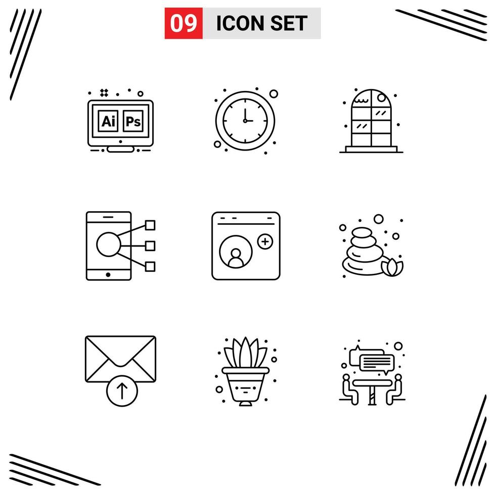 9 User Interface Outline Pack of modern Signs and Symbols of browser phone time mobile connect Editable Vector Design Elements