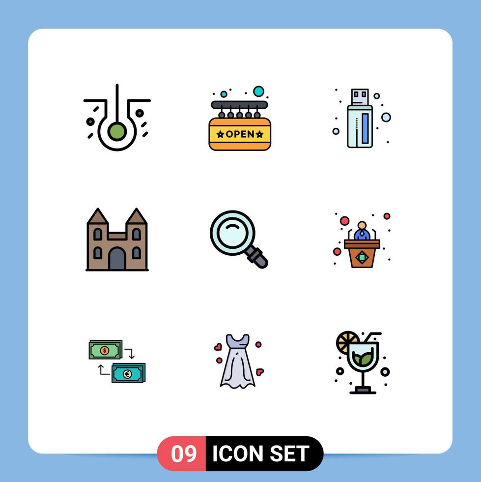 Modern Set of 9 Filledline Flat Colors Pictograph of glass search connector find church Editable Vector Design Elements