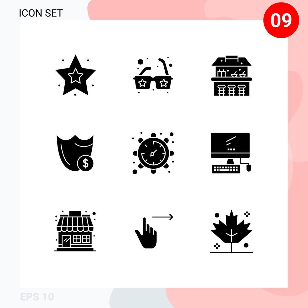 9 User Interface Solid Glyph Pack of modern Signs and Symbols of time gear park dollar secure Editable Vector Design Elements