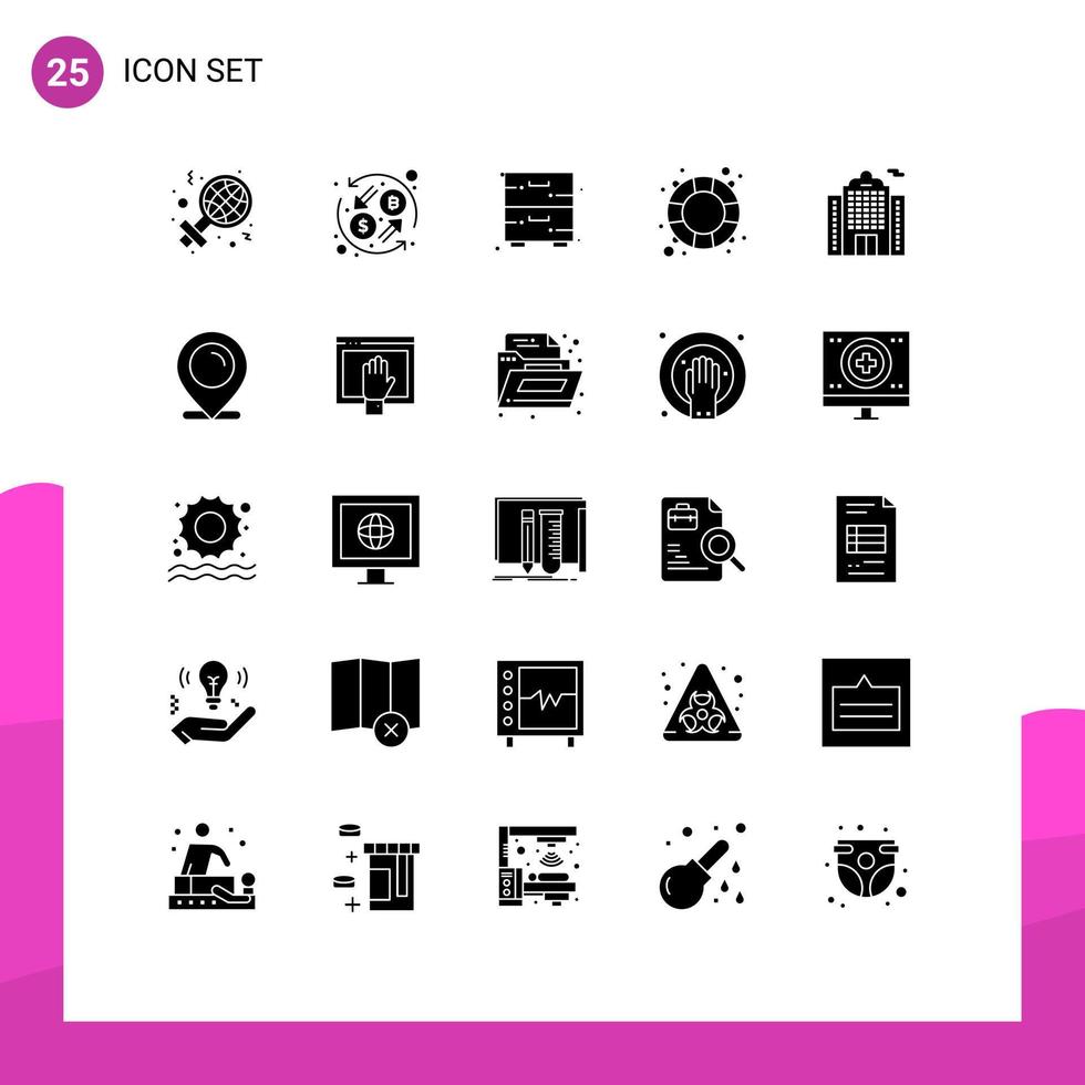 Group of 25 Solid Glyphs Signs and Symbols for building water cabinet salvation rescue Editable Vector Design Elements