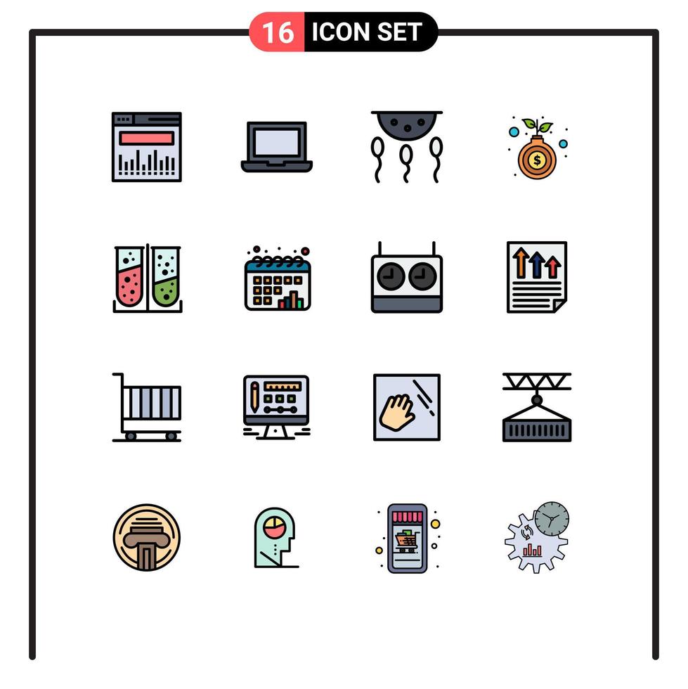 Pack of 16 Modern Flat Color Filled Lines Signs and Symbols for Web Print Media such as lab test apparatus chemistry growth hand Editable Creative Vector Design Elements