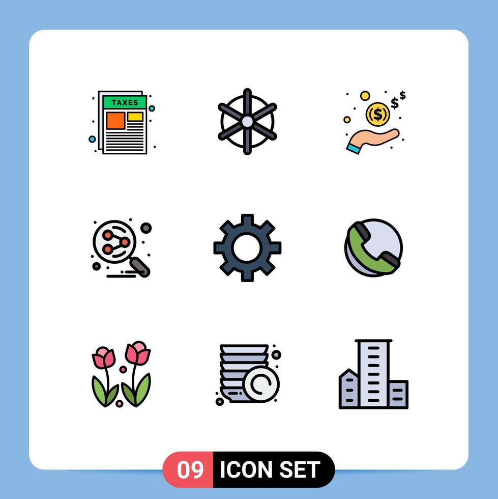 Set of 9 Commercial Filledline Flat Colors pack for gear search engine hand social network Editable Vector Design Elements