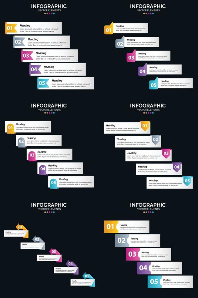 plantilla de diapositiva de presentación del paquete de infografías vectoriales 6 diagramas de ciclo de 5 pasos y líneas de tiempo vector