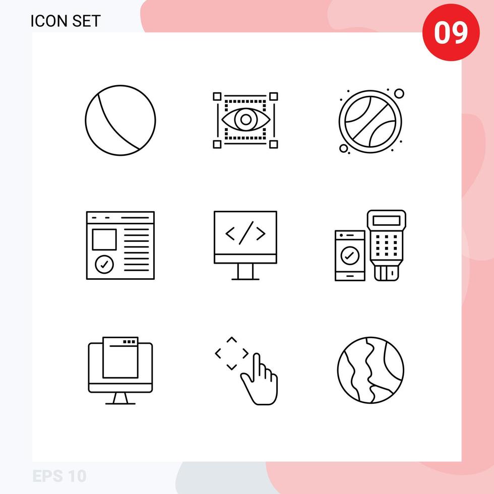 User Interface Pack of 9 Basic Outlines of development computer sport page develop Editable Vector Design Elements