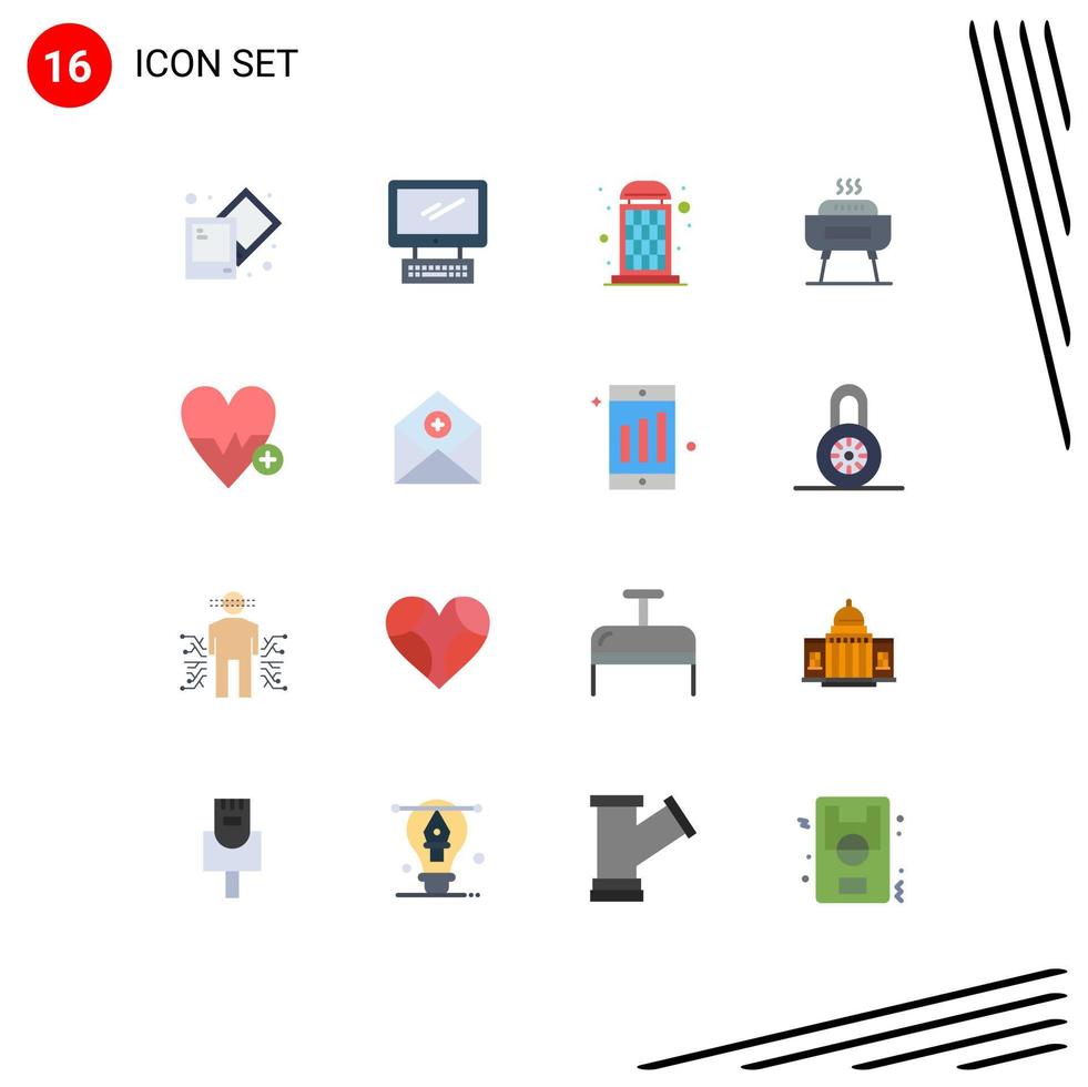 Modern Set of 16 Flat Colors and symbols such as heart beat holiday booth festivity barbeque Editable Pack of Creative Vector Design Elements