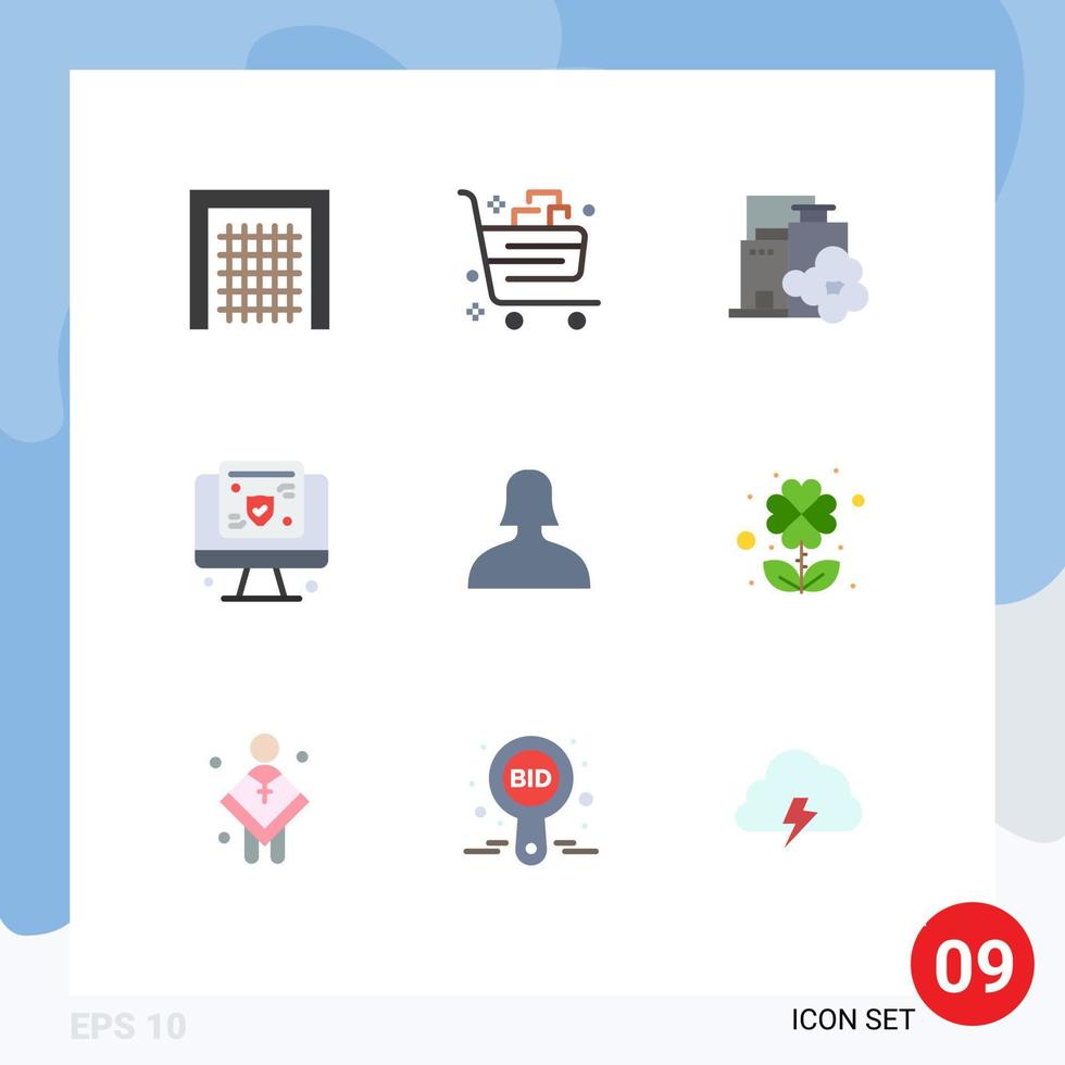 Mobile Interface Flat Color Set of 9 Pictograms of avatar screen gift online pollution Editable Vector Design Elements