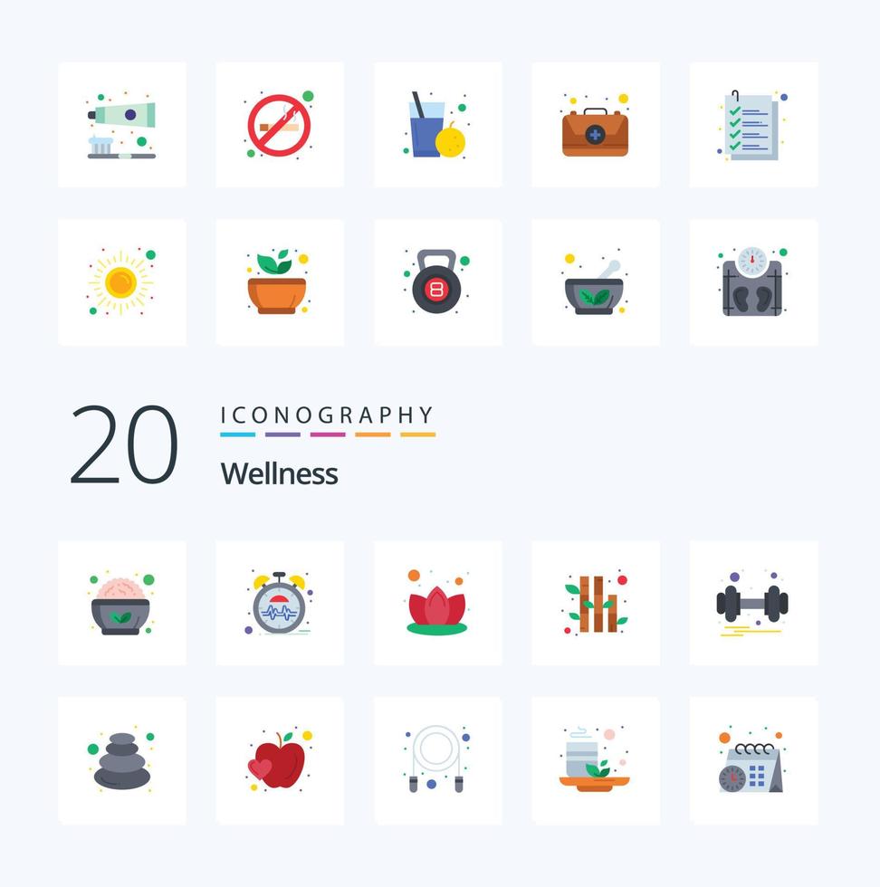 20 Wellness Flat Color icon Pack like health gym lily dumbbell nature vector