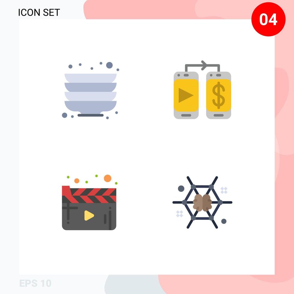 conjunto moderno de 4 iconos y símbolos planos, como video de cocina, cine móvil, conexión de elementos de diseño vectorial editables vector