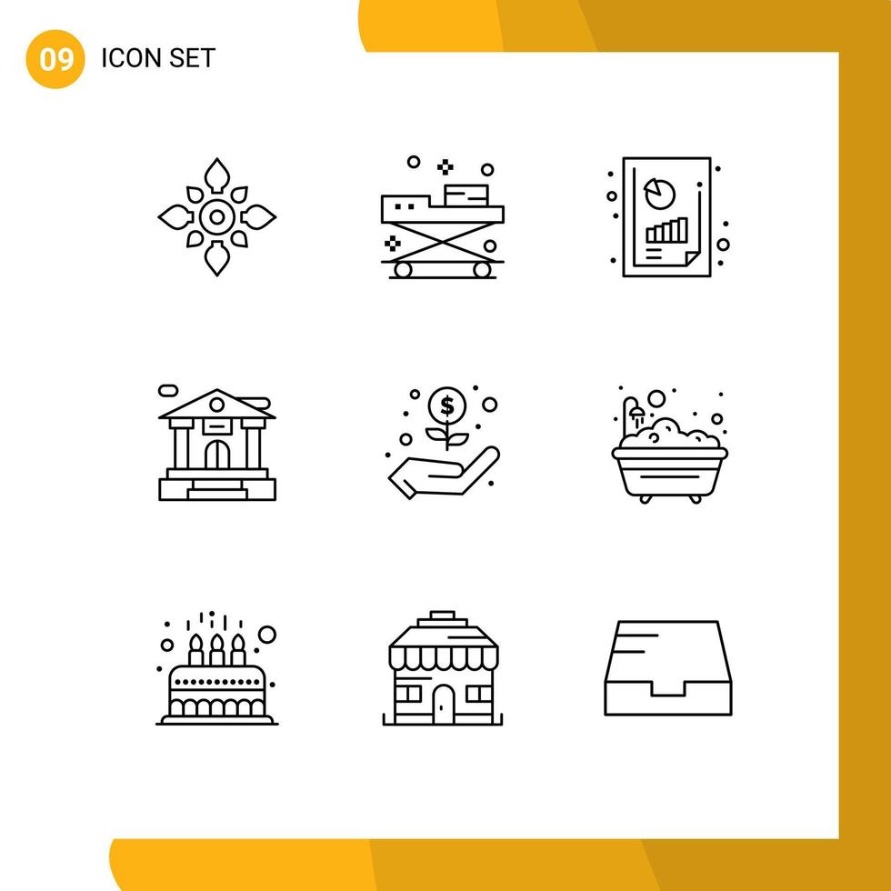 Set of 9 Modern UI Icons Symbols Signs for building bank medical graph analysis financial performance Editable Vector Design Elements