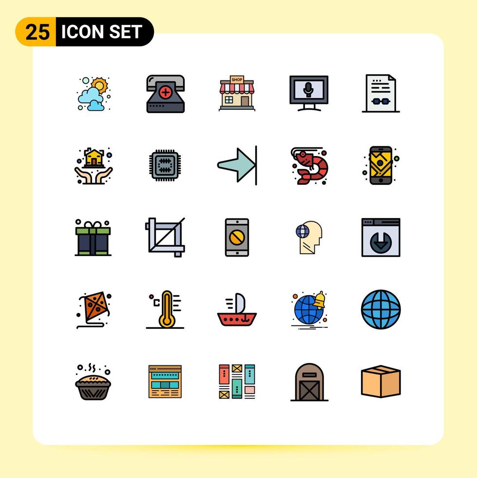 User Interface Pack of 25 Basic Filled line Flat Colors of business microphone shop screen market Editable Vector Design Elements
