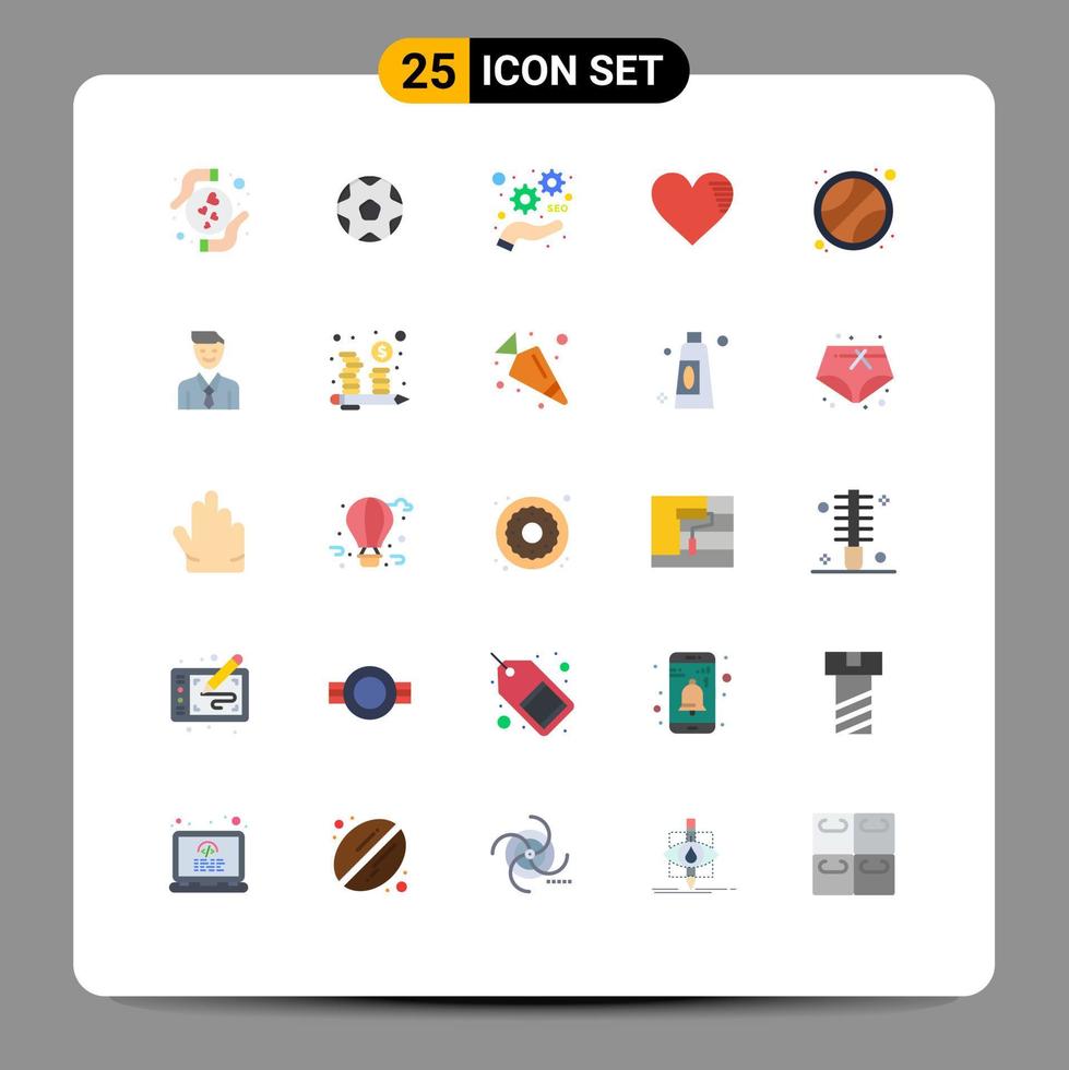 25 Universal Flat Color Signs Symbols of ball favorite development like heart Editable Vector Design Elements