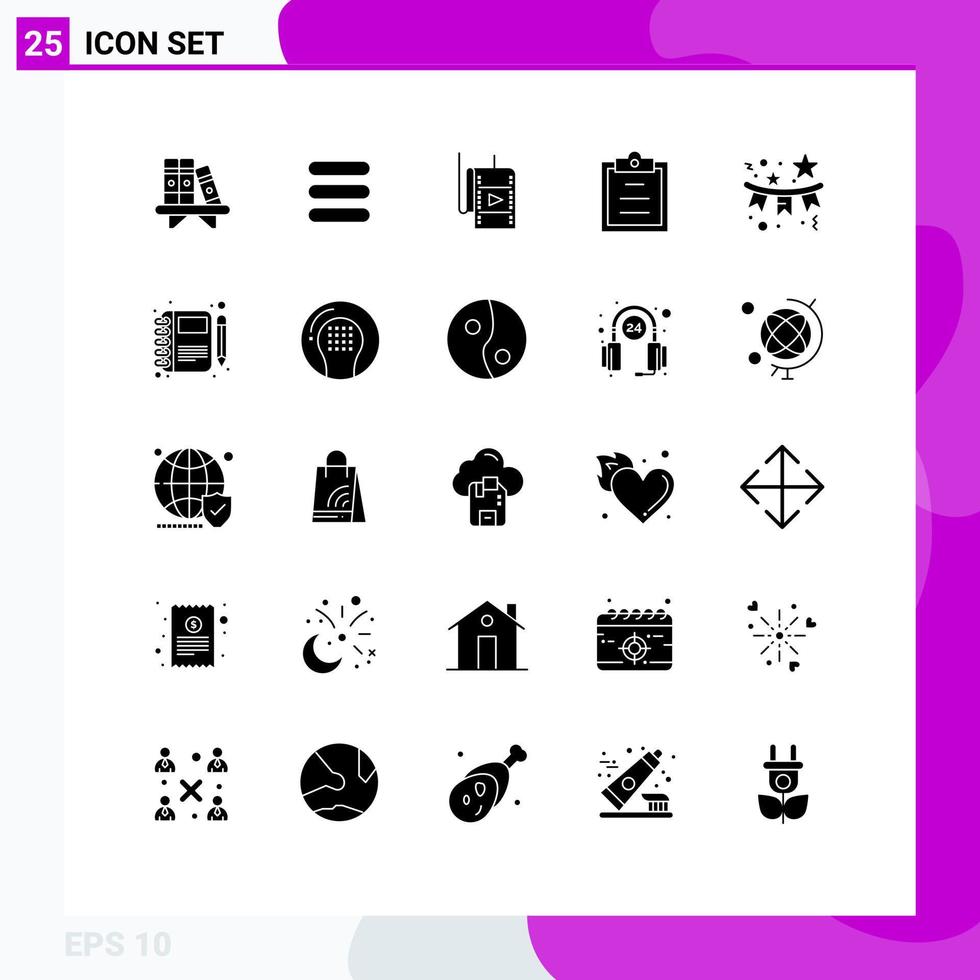 Set of 25 Commercial Solid Glyphs pack for star flag movie confetti task Editable Vector Design Elements