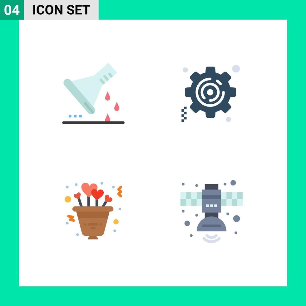 Group of 4 Modern Flat Icons Set for chemical flask love sample flask gear romance Editable Vector Design Elements