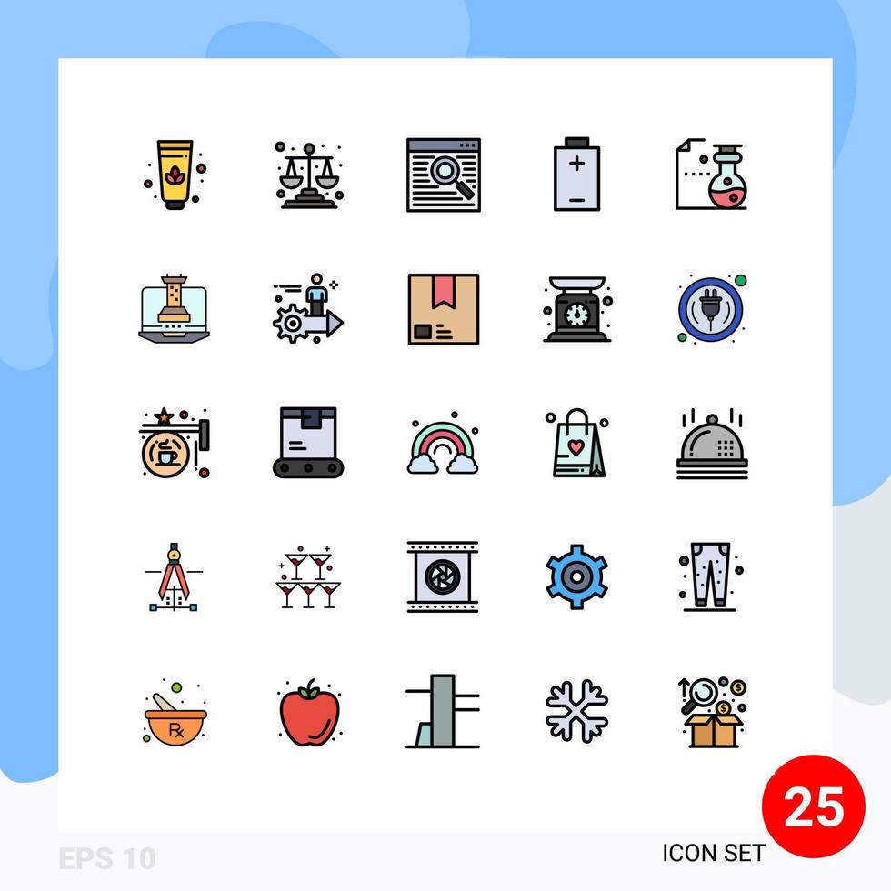Pack of 25 Modern Filled line Flat Colors Signs and Symbols for Web Print Media such as digital laboratory webpage flasks energy Editable Vector Design Elements