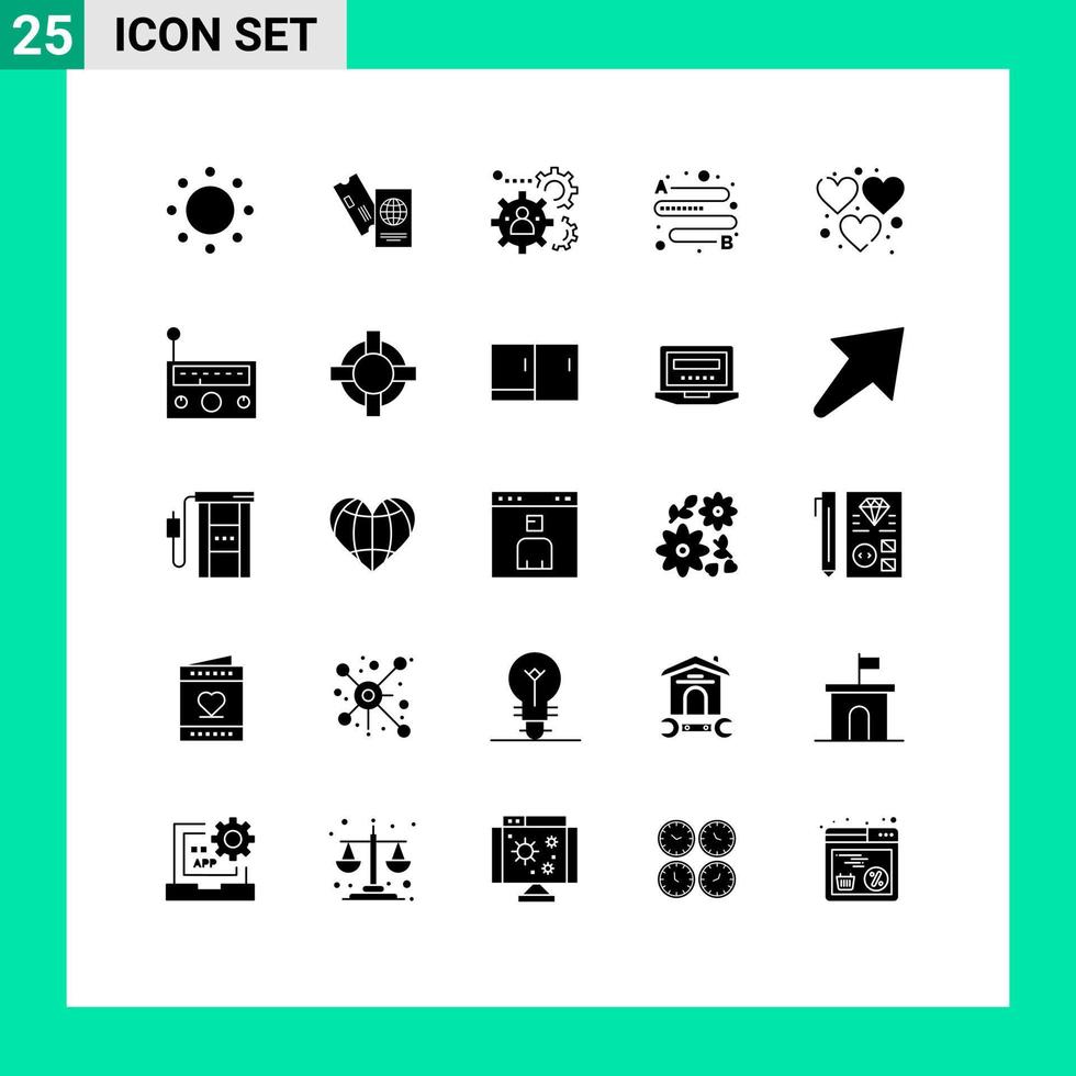 Modern Set of 25 Solid Glyphs and symbols such as heart travel vacation distance team Editable Vector Design Elements