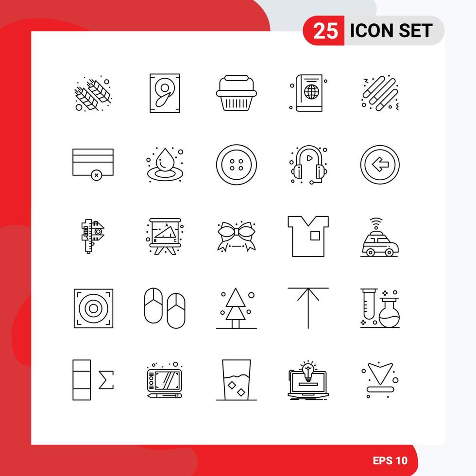 Set of 25 Commercial Lines pack for drum globe basket cover passport Editable Vector Design Elements