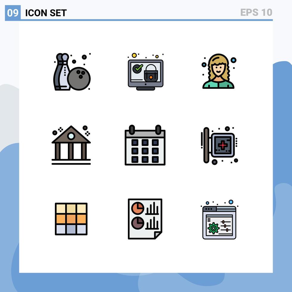conjunto de 9 colores planos de línea de relleno de vector en la cuadrícula para el calendario de programación desarrollador finanzas banco elementos de diseño de vector editables