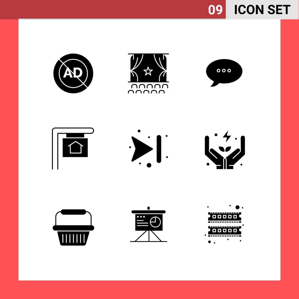 Editable Vector Line Pack of 9 Simple Solid Glyphs of forward sign performance house comment Editable Vector Design Elements