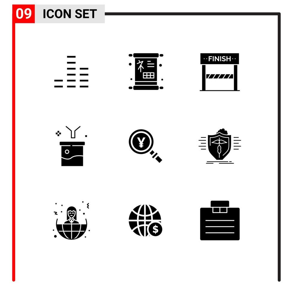 paquete de glifos sólidos de 9 símbolos universales de japón línea de información sin procesar análisis de datos de embudo elementos de diseño vectorial editables vector