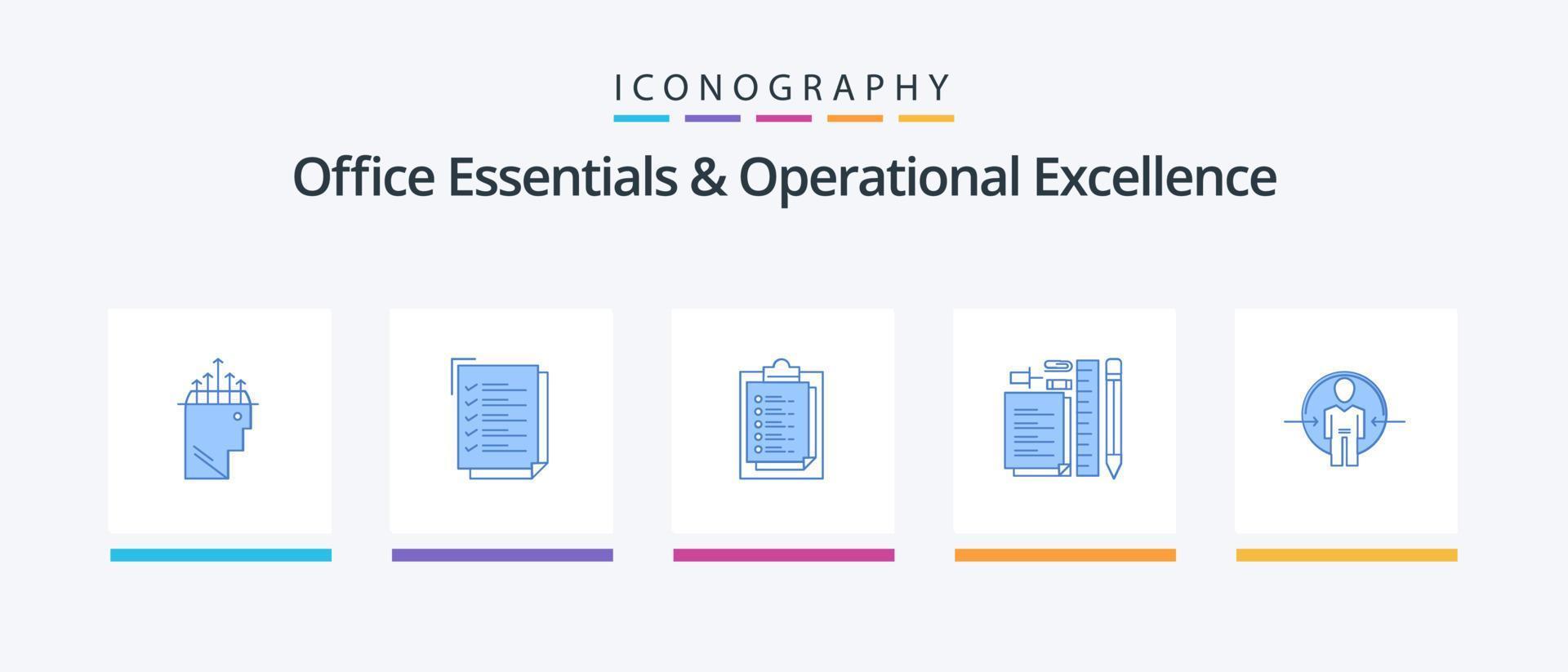 Office Essentials And Operational Exellence Blue 5 Icon Pack Including man. notepad. notepad. pen. stationary. Creative Icons Design vector