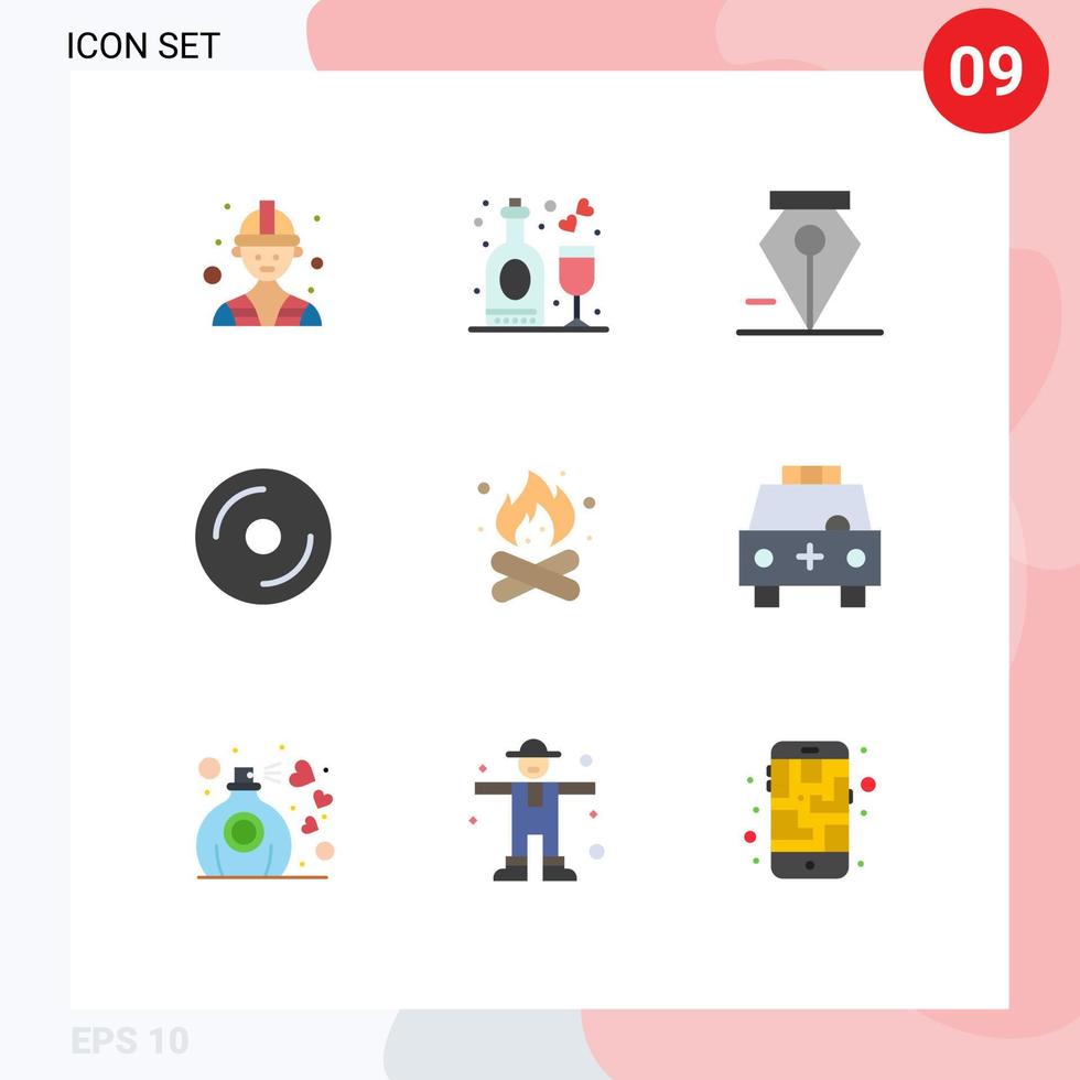 Set of 9 Vector Flat Colors on Grid for fire camp delete multimedia dvd Editable Vector Design Elements