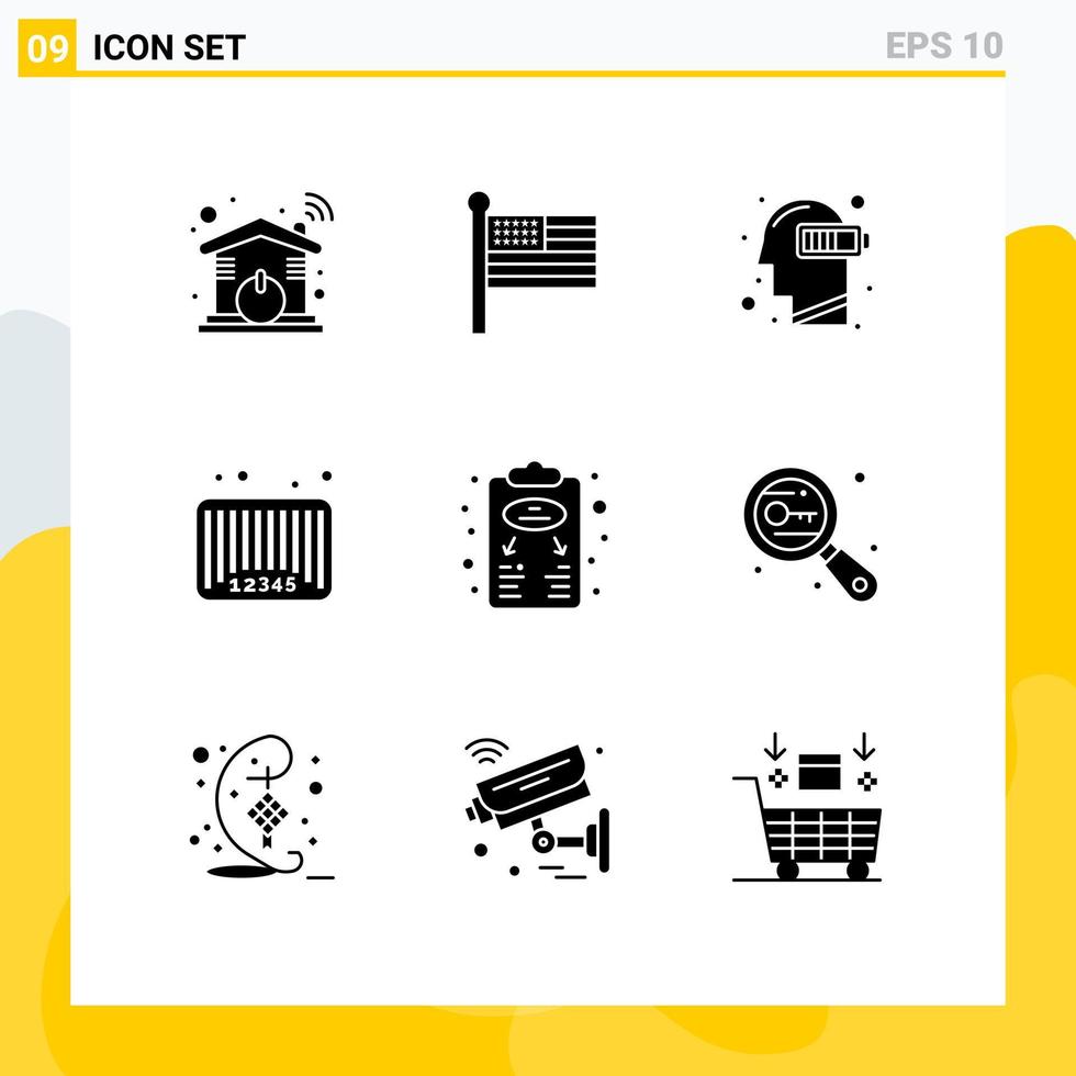 Group of 9 Modern Solid Glyphs Set for code bar code battery bar mind Editable Vector Design Elements