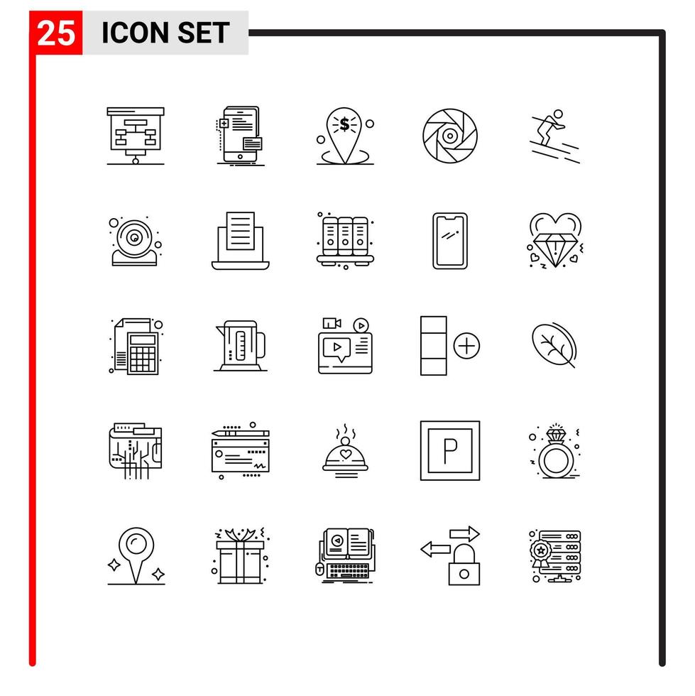 Pack of 25 Modern Lines Signs and Symbols for Web Print Media such as shutter entertainment developer cinema place Editable Vector Design Elements